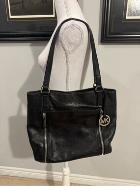 Michael Kors Black Pebbled Leather Shoulder Bag with MK Charm